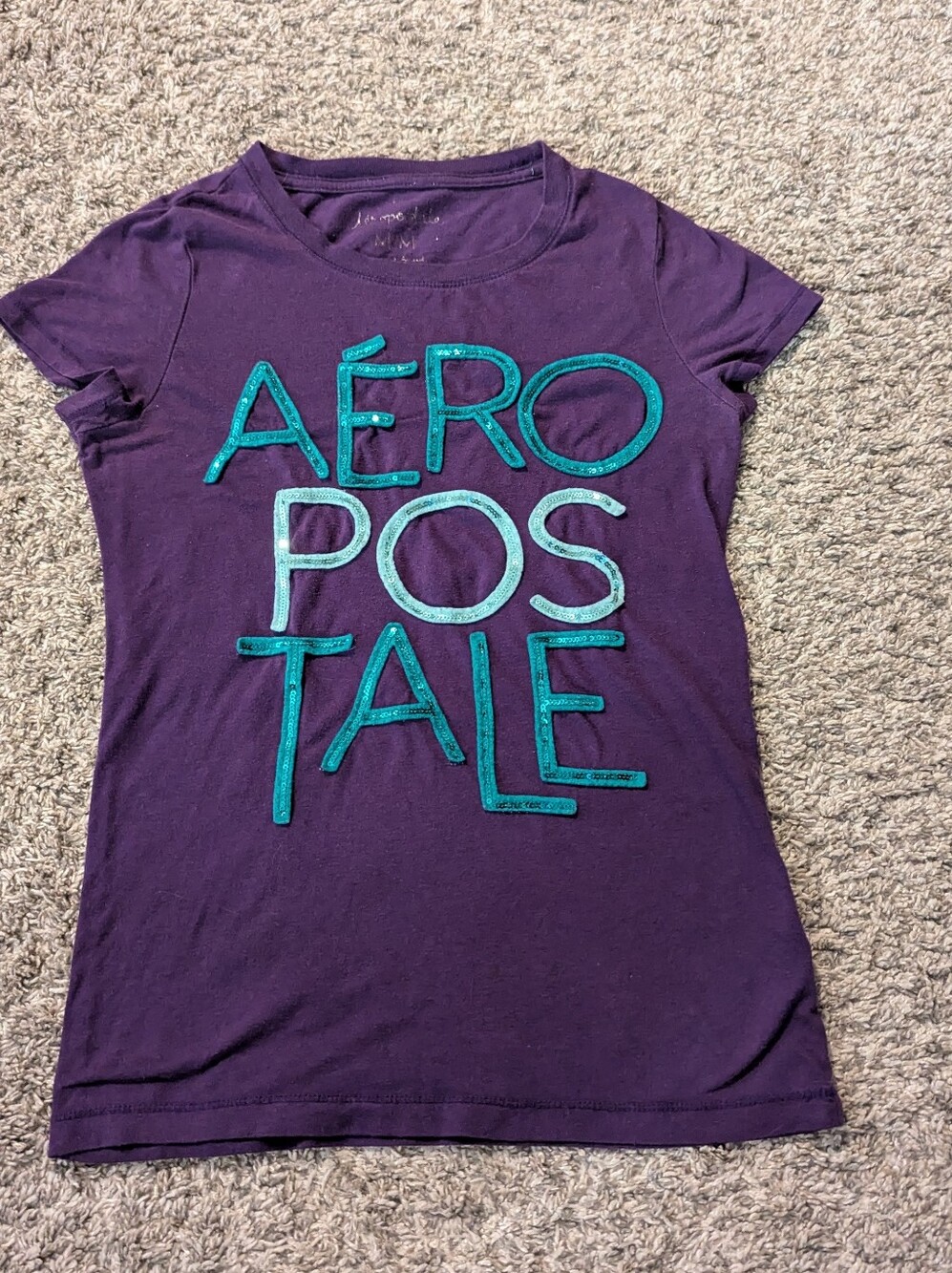 Y2K Aeropostale Purple Teal Sequin Spellout Graphic Baby Tee Medium